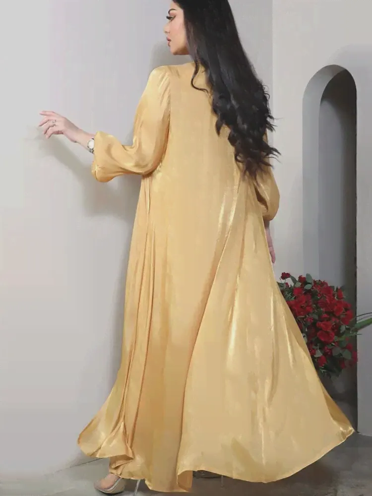 Женский Шелковый Атласный Костюм вечерние Abaya, марокканский кафтан, арабское вечернее длинное платье, комплект из 2 предметов в мусульманском стиле (art.: 3920c1c6d8fa9)